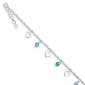 Sterling Silver Heart and Blue Glass Bead Adjustable Anklet, 9 Inch